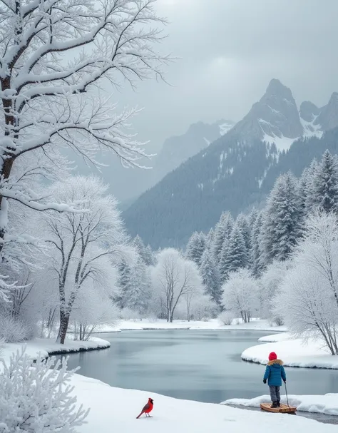 a vast, serene winter landscape is enveloped in a symphony of white. branches of trees are heavily laden with fresh, fluffy snow...