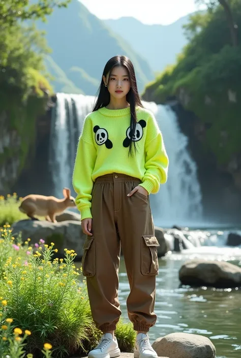 beautiful korean girl with white skin. well-groomed face, standing pose on a rock next to a waterfall, surrounded by small highl...