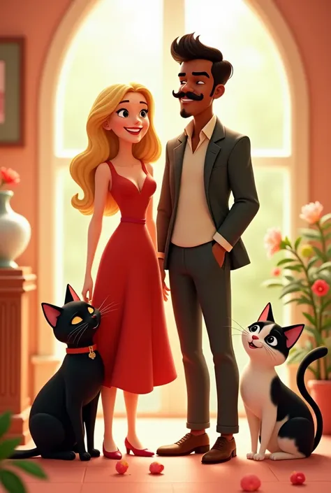 disney pixar style image. a blonde woman wearing a red dress, along with her dark-skinned, mustachioed husband. a black cat, and...