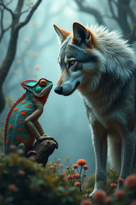 a chameleon and a gray wolf