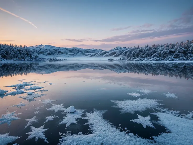 frozen lake, morning dawn, severe frost, frost, snowing, 4k, high resolution, high detail, random angle, hyperrealism, 300mm, f/...