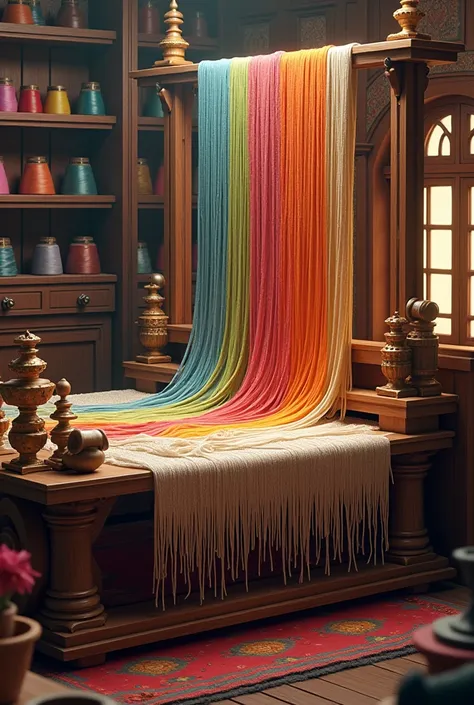 draw me a picture of a loom weaving fabric and there are many threads of different colors and materials flying out and need to b...