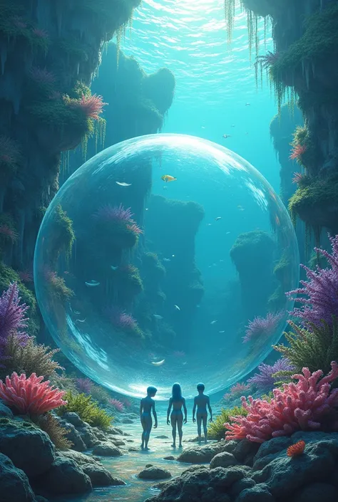 a fantasy world which is under a lake and is a very giant bubble, within this there is a fantastic ecosystem with vibrant colors...