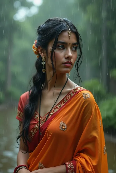 hot girl in sari and sloly rain