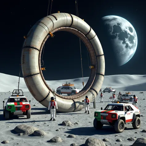 a scene of a portuguese base camp on the moon. there are multiple moon buggies and astronauts in portuguese outfits. the astrona...