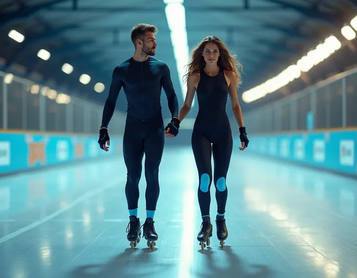 there are two people skateboarding together on a speed oval., with a tight black and blue uniform,skaters, roller skates, skater...