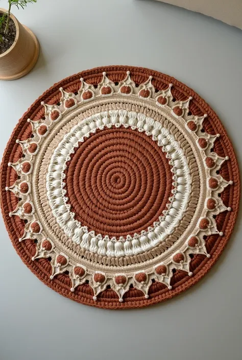 round crochet rug seen from above showing the whole thing