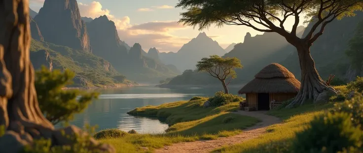 disney style african wilderness scene, beautiful sunrise over a calm lake, very small african hut on one side of the scene, dram...