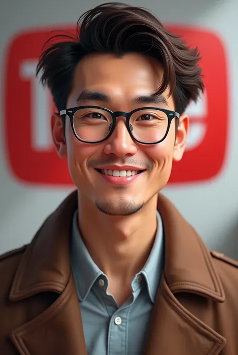 ((highest quality)), ((masterpiece)), (detailed), one man,brown hair,youtuber,asian,glasses,mash,middle aged,youtube mark on bac...