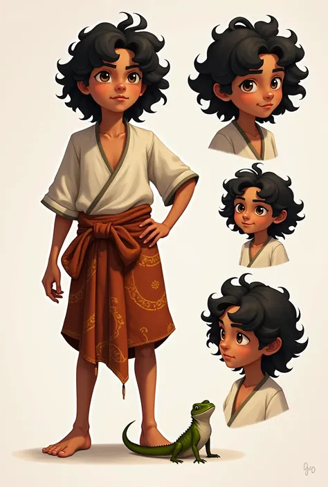 create a detailed character design sheet for "pio," a  boy of kristang descent living in a 16th-century malacca village. pio sho...