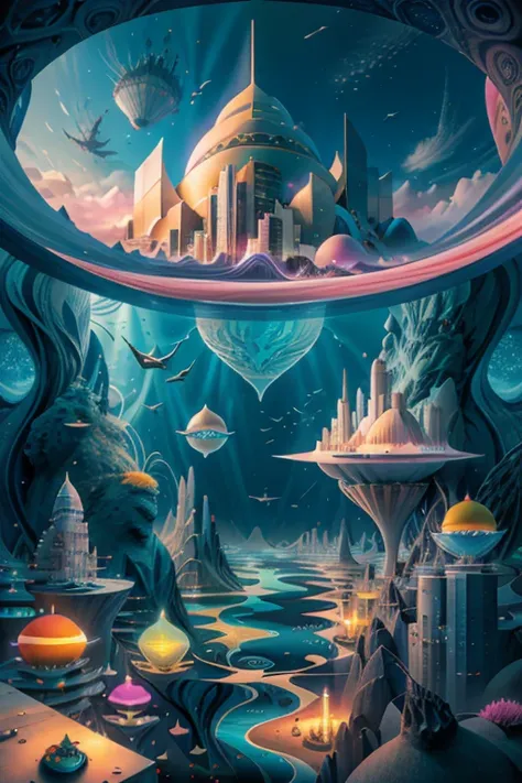 ( surrealism ) a surreal scene involving a floating city in the sky and a city under the sea,  non euclidean geometry, and abstr...