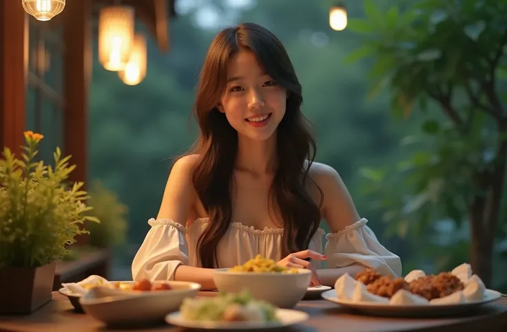 a young asian woman with long wavy hair wearing a summer dress, sitting at a table, food on the table, smiling, (high detail ski...