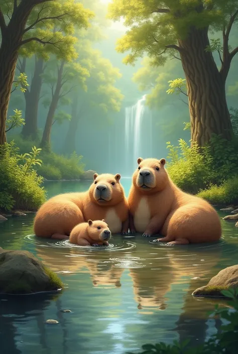 capybara and its parents in a beautiful stream，multiple