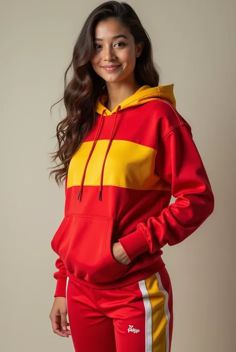 a piece of clothing: red yellow round neck hoodie sweatshirt, wearing track pants, 38d cup big firm breasts, athletic body, very...