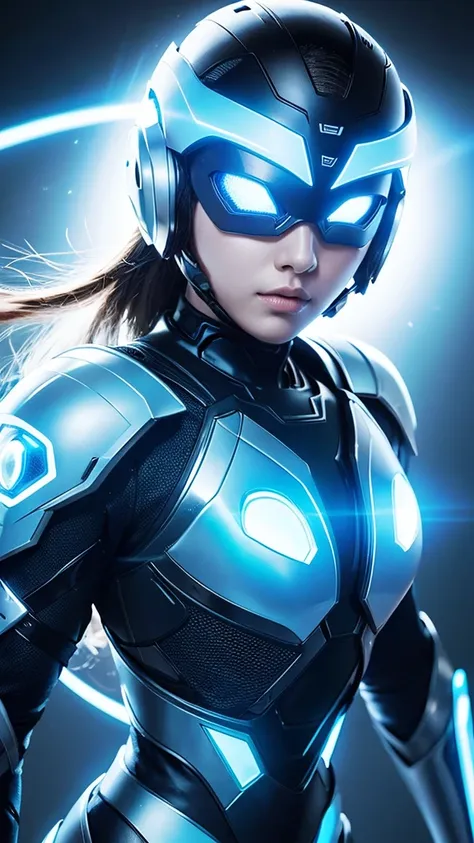 a female hero wearing futuristic body armor（white,light blue,glowing lines）,full-face helmet,round eyes,compound eyes emit light...