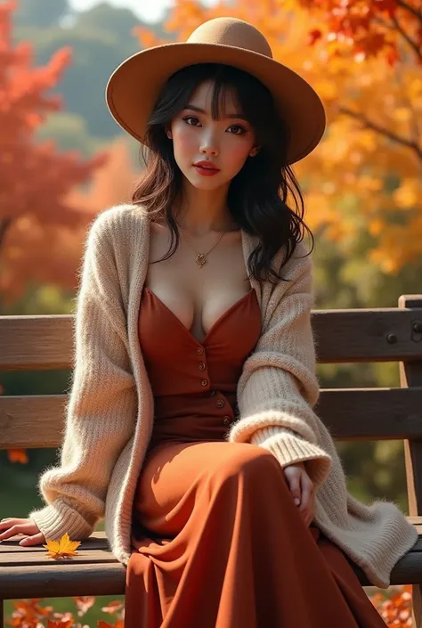 asian woman, cardigans, long skirt, cute hat, sexy face, sexy pose, sitting on bench, autumn background