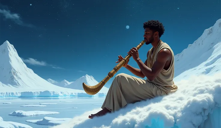 a black  young man playing a traditional wind instrument sitting on a cloud under antritic