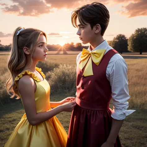 fan art; 1 girl, 1 boy, dress, exteriors, red sky, yellow bow,, ultra detailed