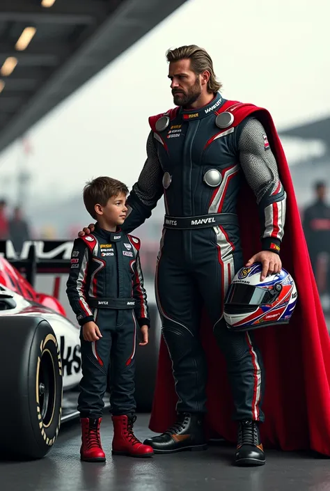 thor as a racing car driver next to his car with a driver costume and helmet in hand and near to his son as a racing car driver ...