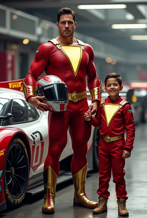 shazam as a racing car driver next to his car with a driver costume and helmet in hand and near to his son as a racing car drive...