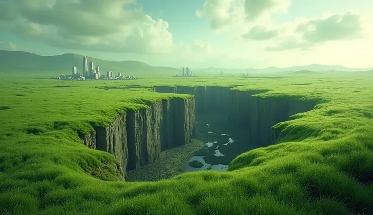 a green field and visible below burried in earth some scyscapers and old cities