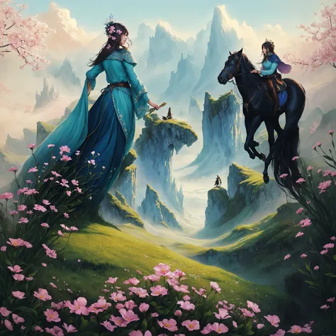 há muitas pessoas em pé num campo com flores, fantasia fairytale story, [[fantasia]], no estilo artístico de bowater, arte de co...