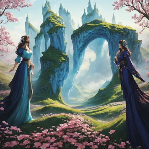 há muitas pessoas em pé num campo com flores, fantasia fairytale story, [[fantasia]], no estilo artístico de bowater, arte de co...