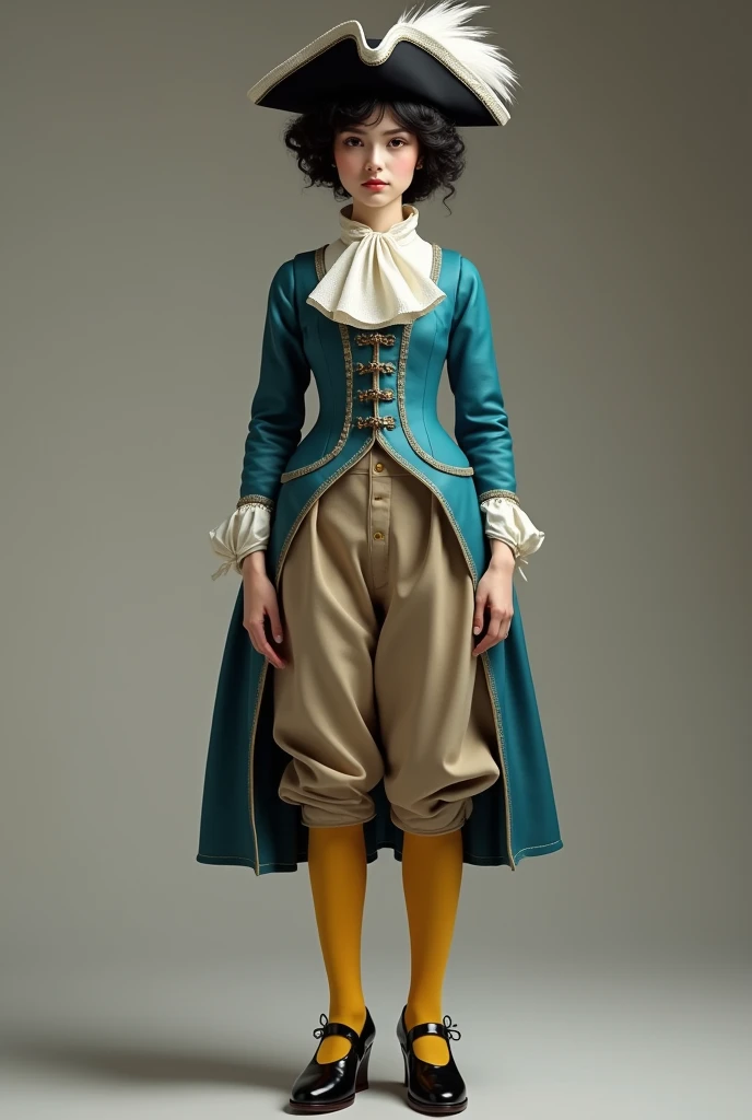 a 1.5 meters tall girl in her 20s wearing: wide knee-lenght breeches, yellow hoses, a wide cyan doublet, a white jabot, buckled ...