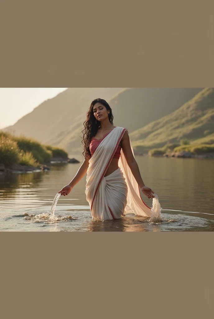 photorealistic image of beautiful naked indian woman wearing a white saree, taking bath in river photorealistic image of a beaut...