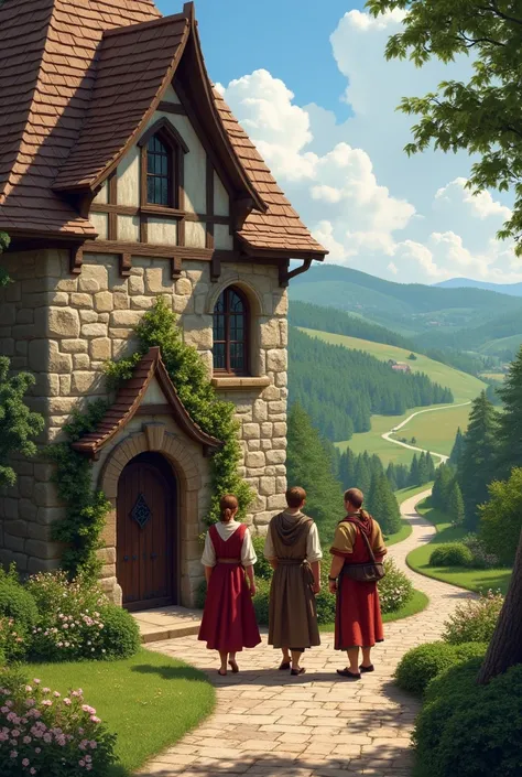 an image of some friends arriving at a medieval house