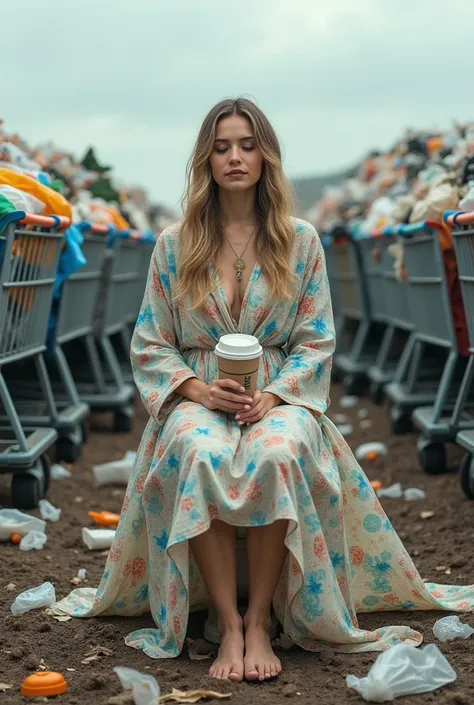 Concept: A woman dressed in a robe made entirely of plastic bags, sitting on a toilet in the middle of a landfill. She’s surroun...