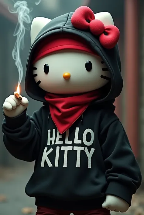 imagine a hello kitty in a black sweatshirt, red bandana and smoking