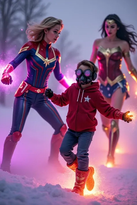 captain marvel dancing with kid boy with red hoodie, headphones, star-lord helmet, gas helmet, covered mouth, round red eyes, re...