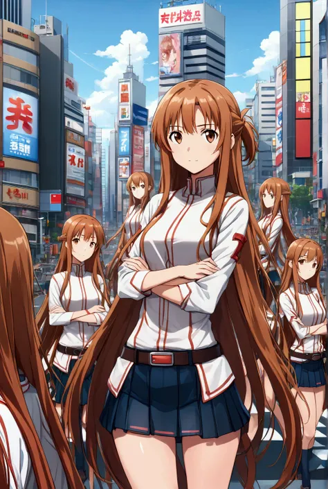 (((asuna, anime art style, long_hair, skirt, brown_hair, brown_eyes, very_long_hair, belt, crossed_arms)))(((an infinite number ...