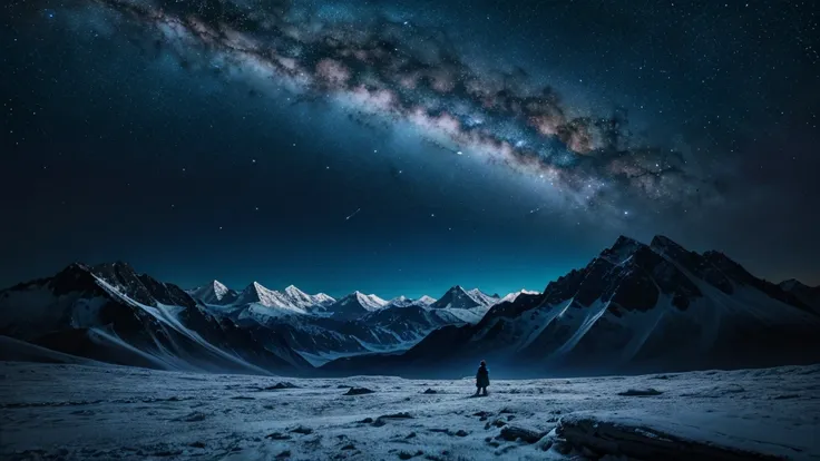 lonely person standing in a galactic landscape, extremely far away from the camera, mysterious cosmic nebular night sky, unknown...