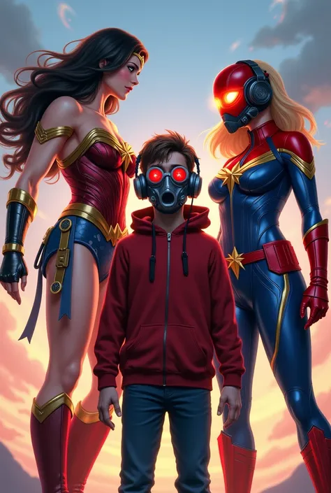 wonder woman, big breasts, senos grandes, big tits, gigantic breasts + captain marvel and young man with red hoodie, headphones,...