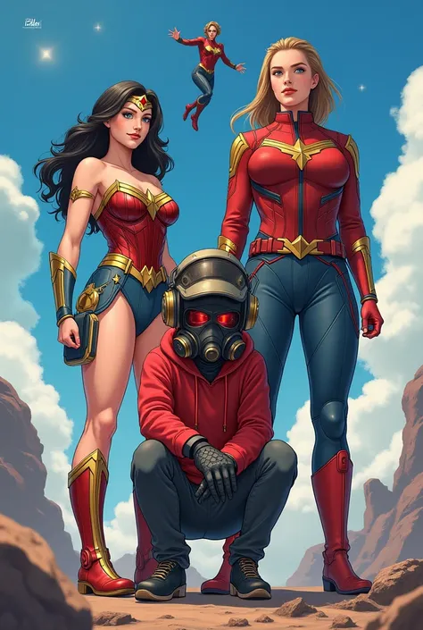 wonder woman, big breasts, senos grandes, big tits, gigantic breasts + captain marvel and young man with red hoodie, headphones,...