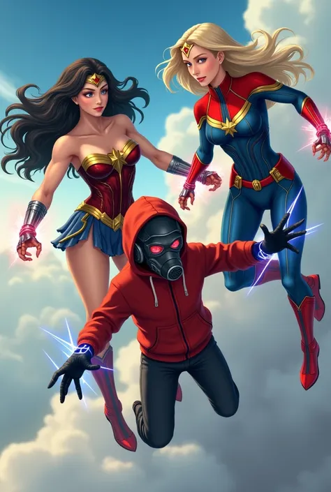 wonder woman, big breasts, senos grandes, big tits, gigantic breasts + captain marvel and young man with red hoodie, headphones,...