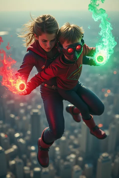 supergirl and young boy with red hoodie, headphones, star-lord helmet, gas helmet, rocket boots, round & red eyes, covered mouth...