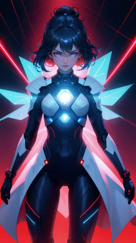 envision an image of a powerful young woman donned in a futuristic cybernetic suit, emitting radiant blue and red lights against...