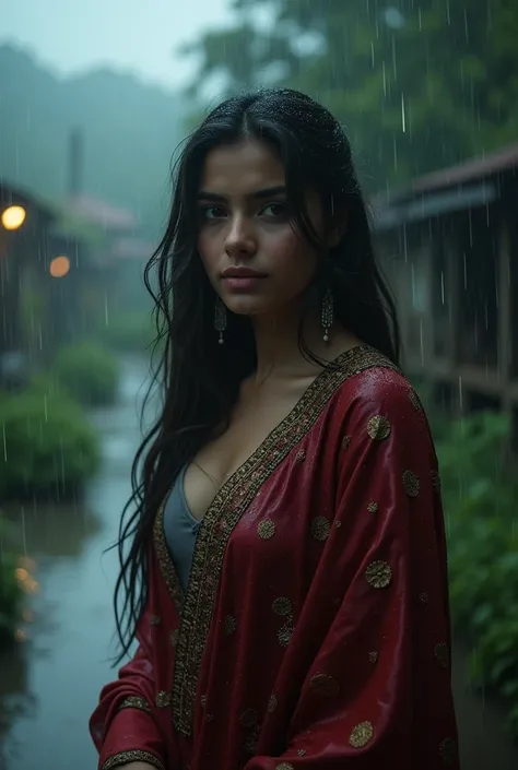 add super dark light rainy weather a pakistani super realistic real lofe girl outdoor enjoying rain, pakistani girl asian face d...