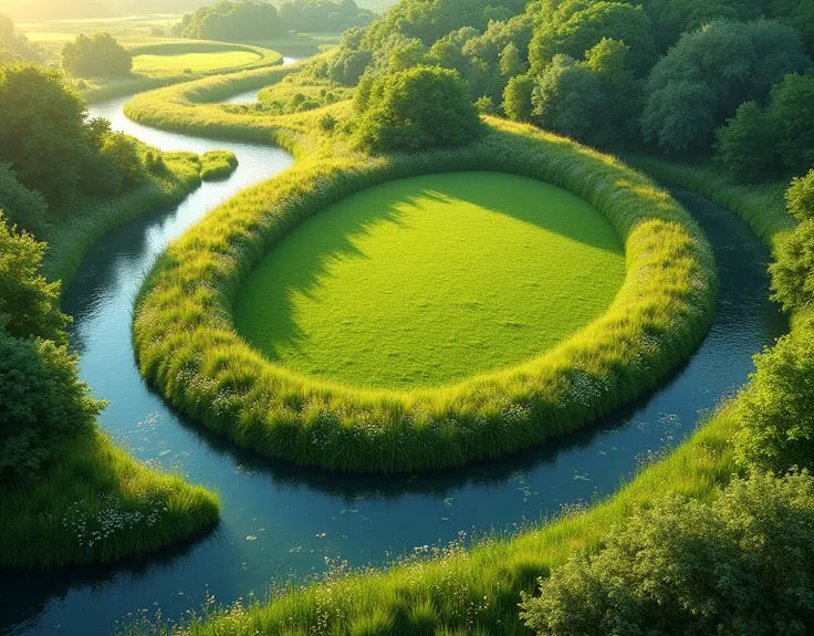 a green meadow entwined in its horseshoe shape by the meanders of a river