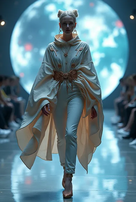 create me a look of oversized clothing worn by a model during a fashion show inspired by the space and fantasy theme