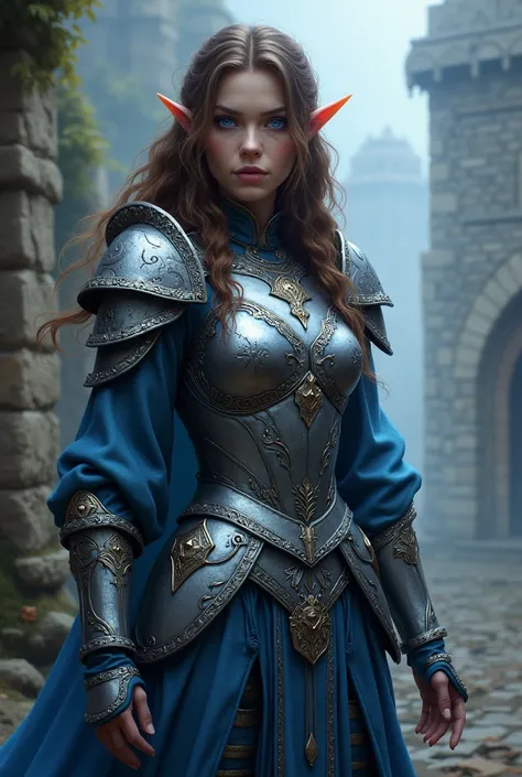 a blue-skinned half-elf woman with wavy brown hair and lilac eyes wearing armor and medieval style clothing