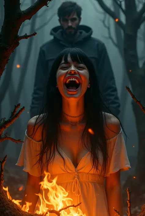 woman burning at the stake, witch, darkness background, woman laughing, black hair and bangs, in the background black silhouette...