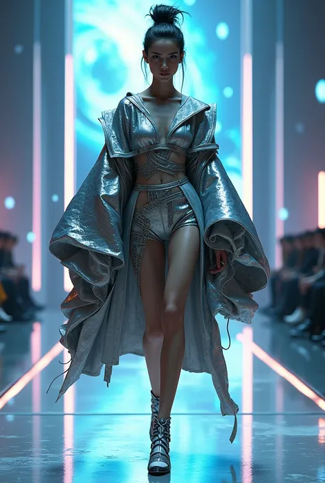 create me a look of oversized clothing worn by a model during a fashion show inspired by the space and fantasy theme