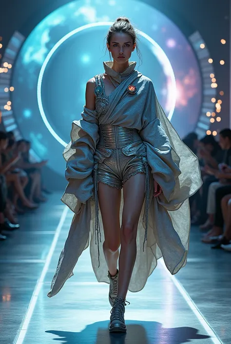 create me a look of oversized clothing worn by a model during a fashion show inspired by the space and fantasy theme