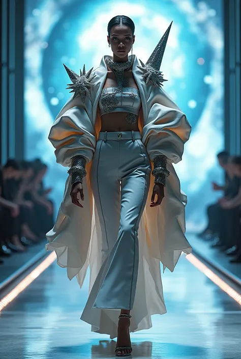 create me a look of oversized clothing worn by a model during a fashion show inspired by the space and fantasy theme