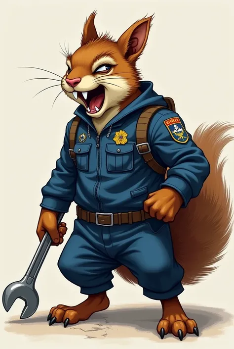 create an art, strong and angry male squirrel in blue brazilian navy operational jumpsuit, with operative cap, with military arm...