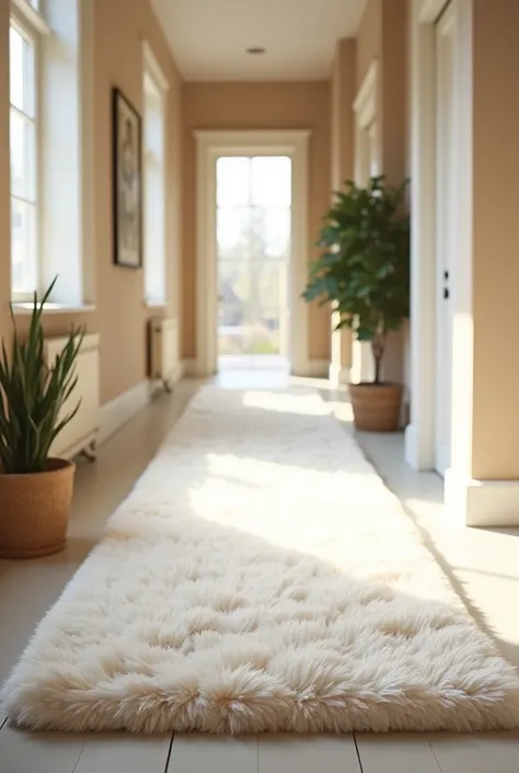 a plush, white and white, high pile area rug runs lengthwise down a narrow hallway with beige walls and a light floor, creating ...